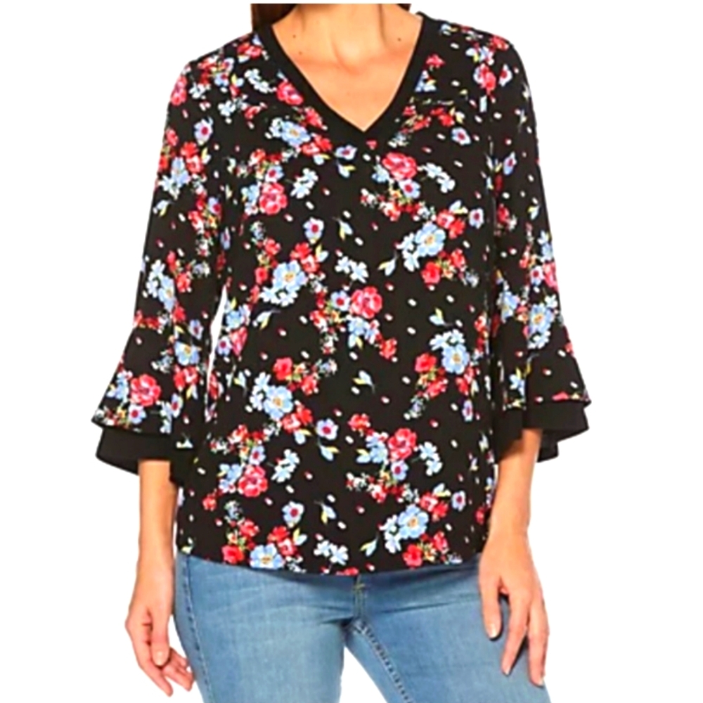 Rafaella 3/4 Bell Sleeve Floral Blouse